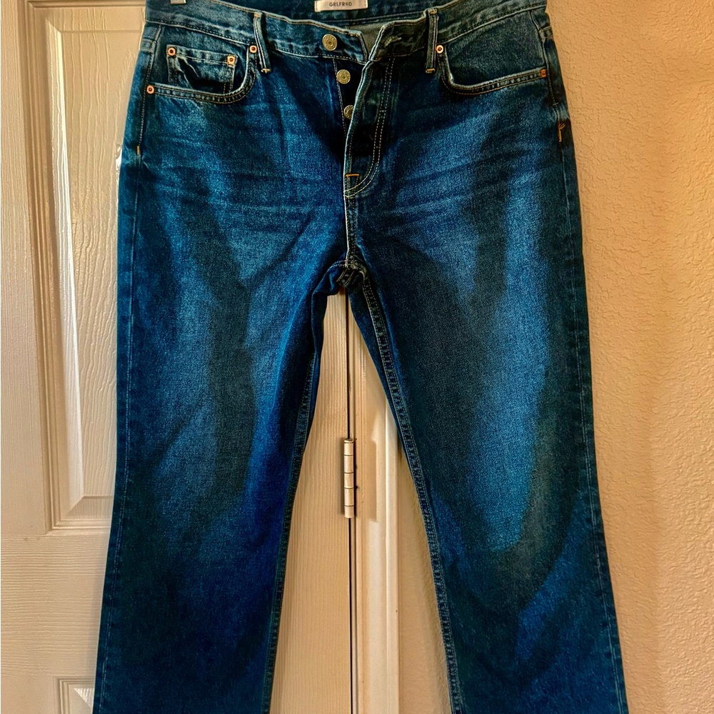 GRLFRND Women's Straight Jeans in Dark Blue Wash